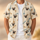 Man wearing Men's Knotty Companions Custom Dog Face Hawaiian Shirt open over a white tee