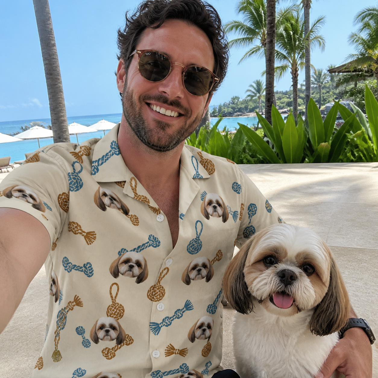 Selfie with the pet whose face is printed all over this Men's Knotty Companions Custom Dog Face Hawaiian Shirt