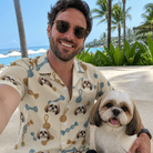 Selfie with the pet whose face is printed all over this Men's Knotty Companions Custom Dog Face Hawaiian Shirt
