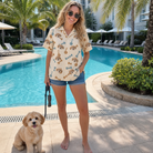 Full-length photo with the pet printed all over this Women's Knotty Companions Custom Dog Face Hawaiian Shirt