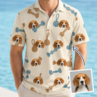 Man wearing Men's Knotty Companions Custom Dog Face Polo Shirt — custom faces printed all-over