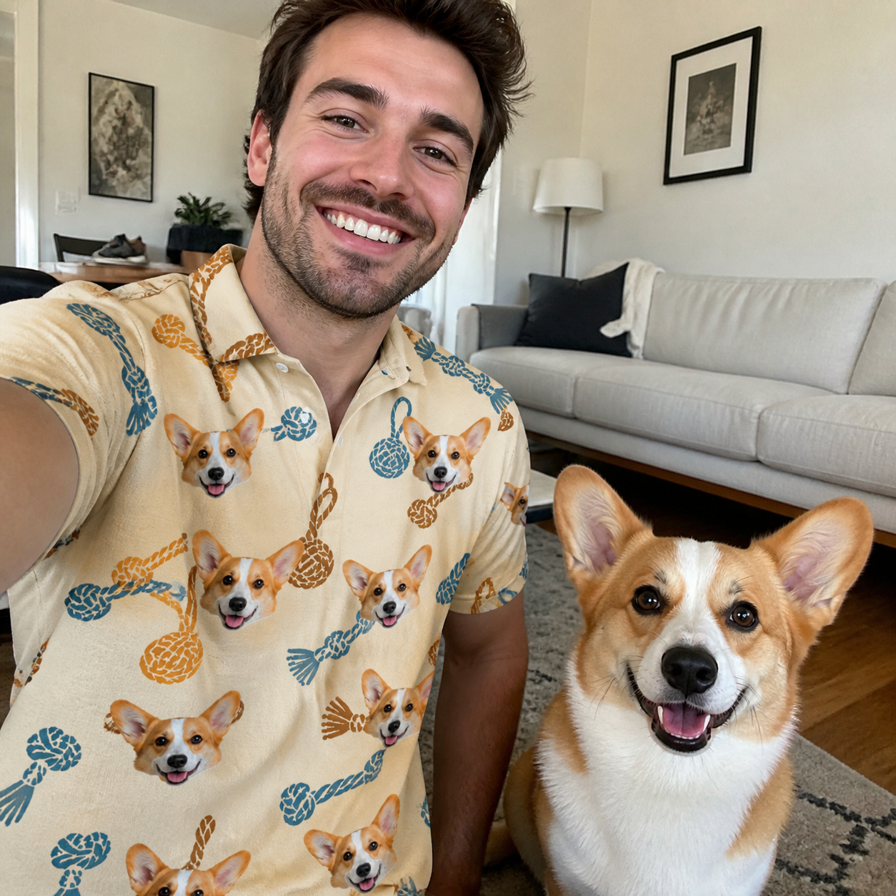 Selfie with the pet whose face is printed all over this Men's Knotty Companions Custom Dog Face Polo Shirt