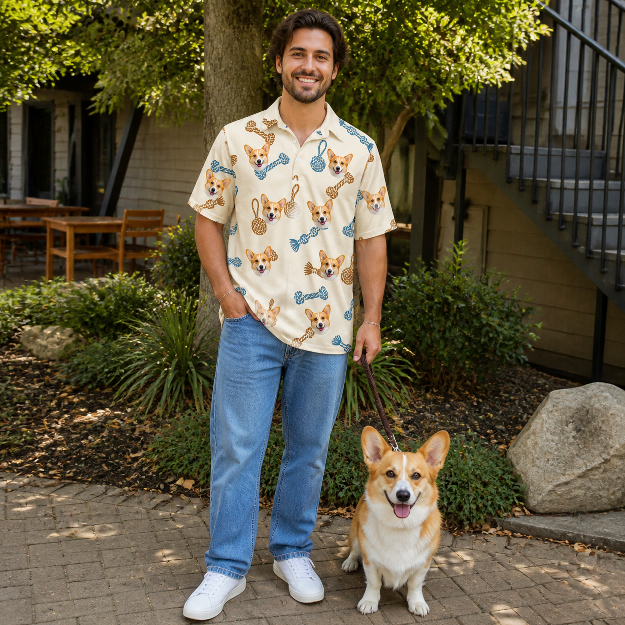 Full-length photo with the pet printed all over this Men's Knotty Companions Custom Dog Face Polo Shirt