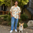 Full-length photo with the pet printed all over this Men's Knotty Companions Custom Dog Face Polo Shirt