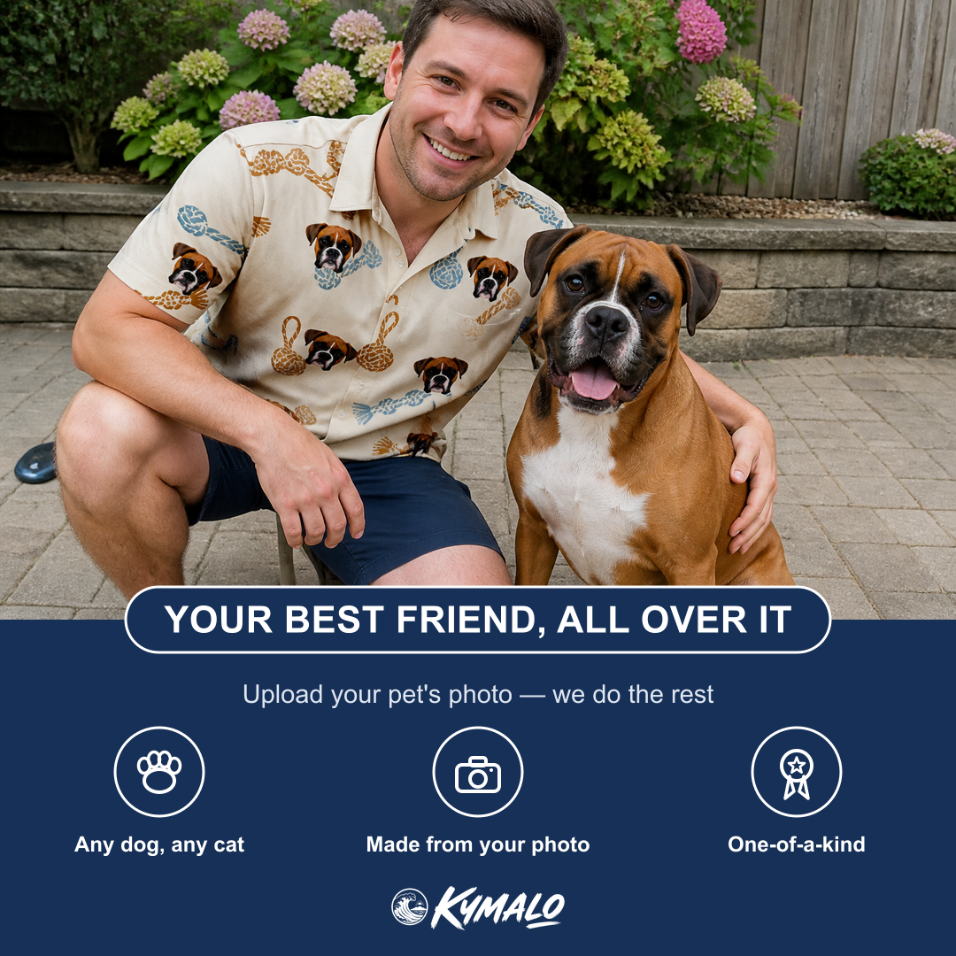 Friends in matching Men's Knotty Companions Custom Dog Face Polo Shirt — a group gift photo