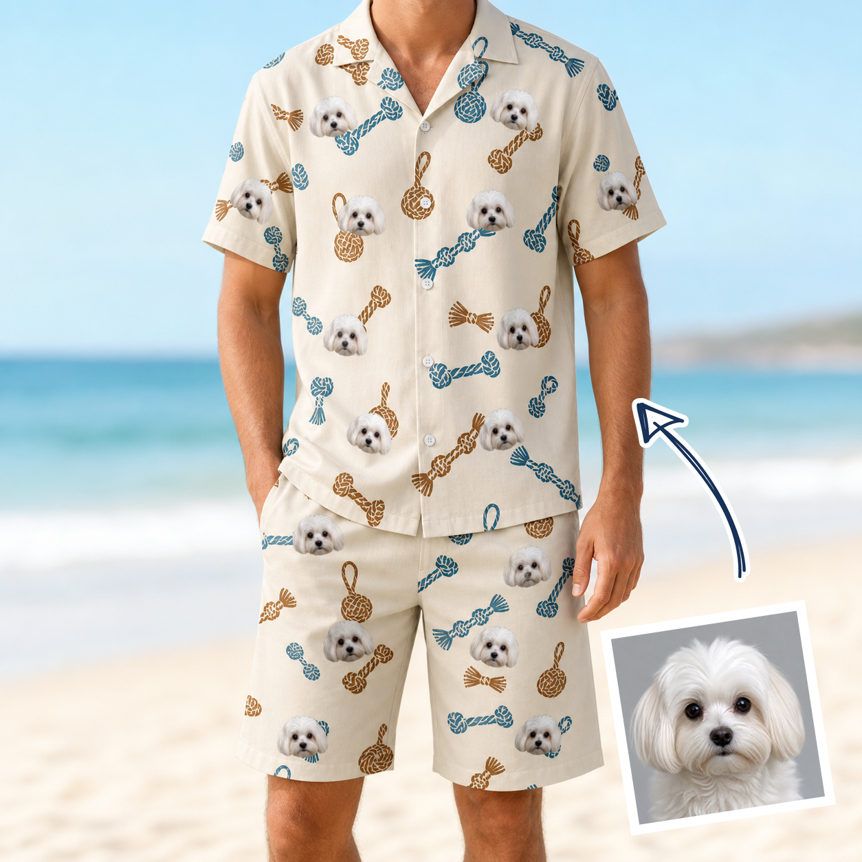 Man wearing Men's Knotty Companions Custom Dog Face Shirt & Shorts Set — custom faces printed all-over