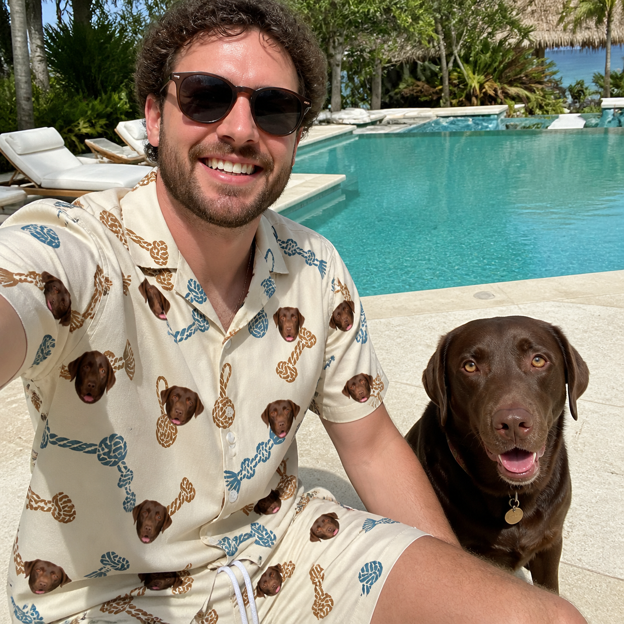 Selfie with the pet whose face is printed all over this Men's Knotty Companions Custom Dog Face Shirt & Shorts Set