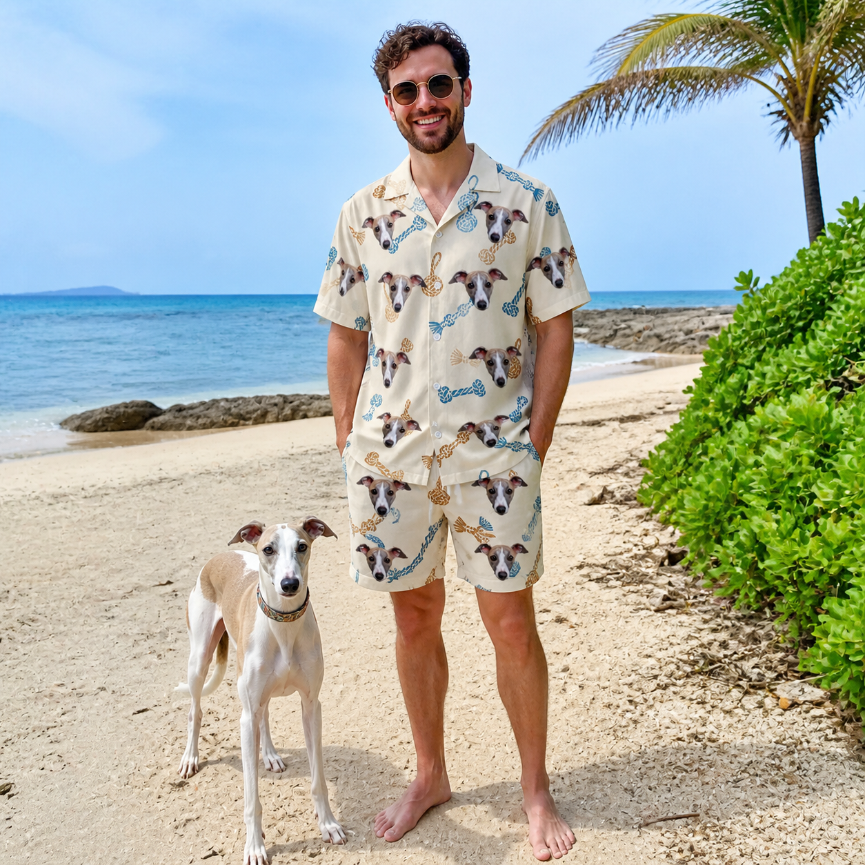 Full-length photo with the pet printed all over this Men's Knotty Companions Custom Dog Face Shirt & Shorts Set