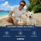 Friends in matching Men's Bandana Banter Custom Dog Face Beach Shorts — a group gift photo
