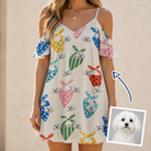 Woman wearing Women's Bandana Banter Custom Dog Face Off-Shoulder Dress — custom faces printed all-over