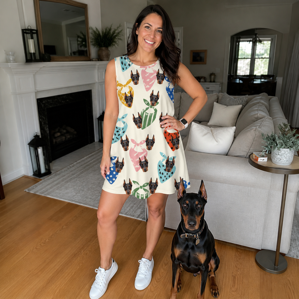 Full-length photo with the pet printed all over this Women's Bandana Banter Custom Dog Face Tank Dress