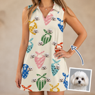 Woman wearing Women's Bandana Banter Custom Dog Face V-Neck Dress — custom faces printed all-over