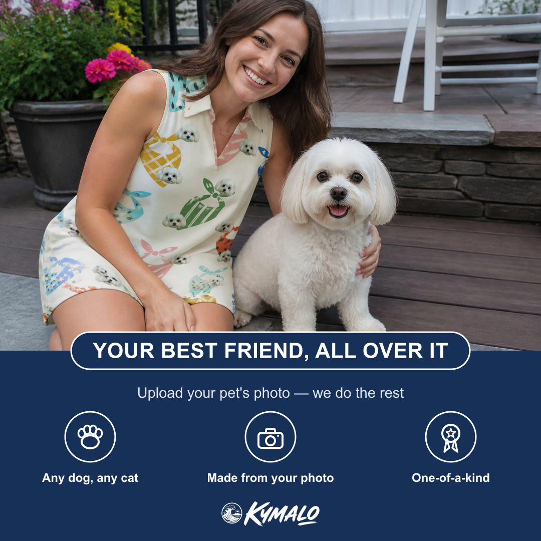 Friends in matching Women's Bandana Banter Custom Dog Face V-Neck Dress — a group gift photo