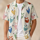 Man wearing Men's Bandana Banter Custom Dog Face Hawaiian Shirt open over a white tee