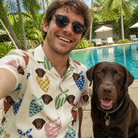 Selfie with the pet whose face is printed all over this Men's Bandana Banter Custom Dog Face Hawaiian Shirt