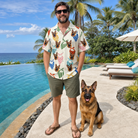 Full-length photo with the pet printed all over this Men's Bandana Banter Custom Dog Face Hawaiian Shirt