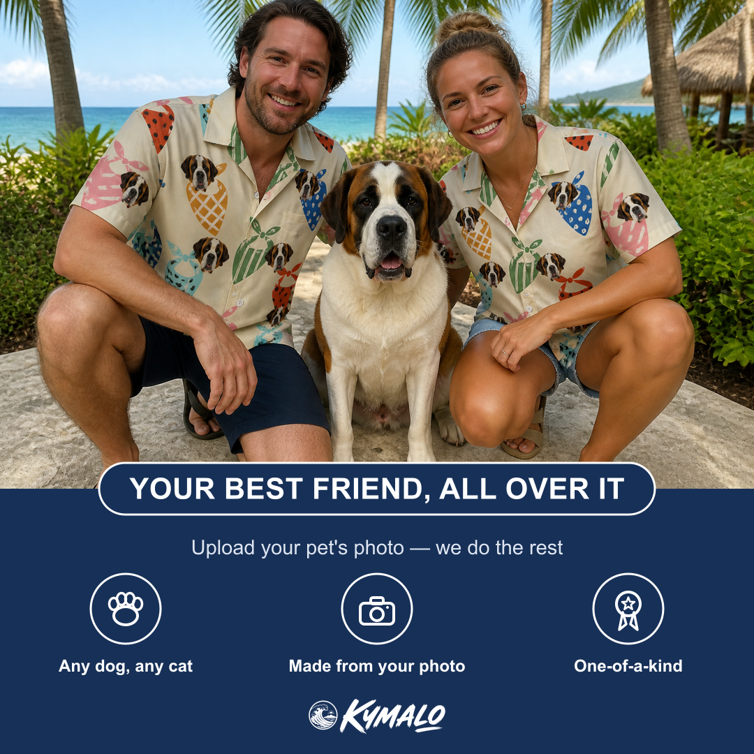 Friends in matching Men's Bandana Banter Custom Dog Face Hawaiian Shirt — a group gift photo