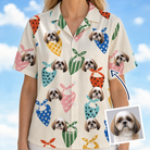Woman wearing Women's Bandana Banter Custom Dog Face Hawaiian Shirt — custom faces printed all-over