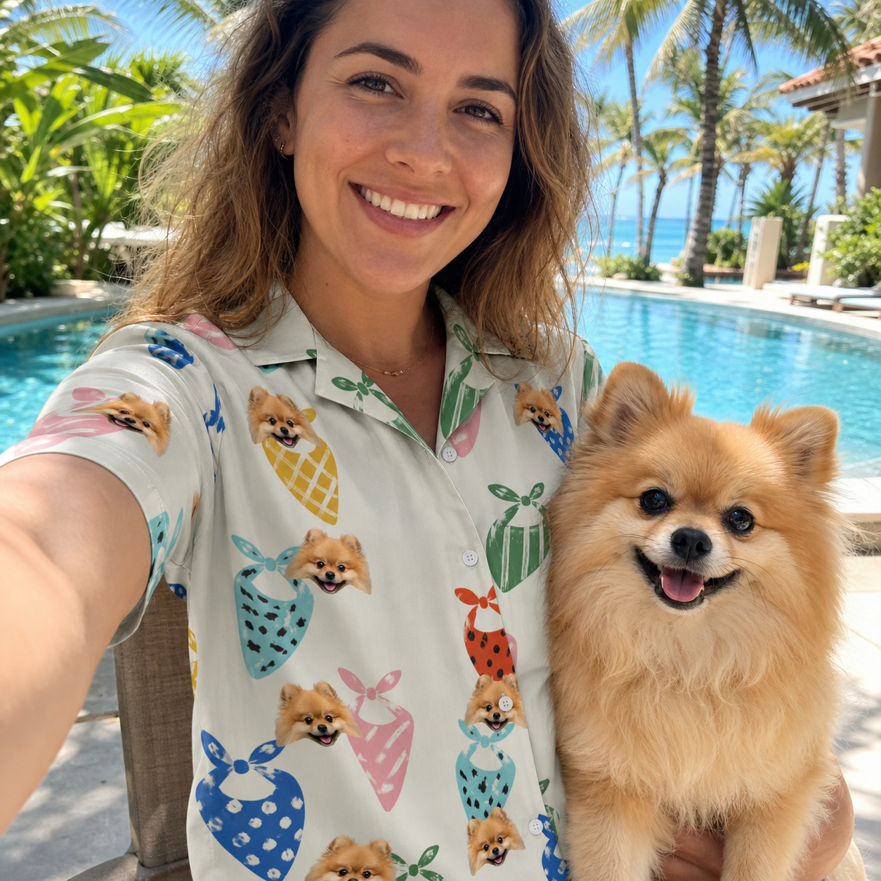 Selfie with the pet whose face is printed all over this Women's Bandana Banter Custom Dog Face Hawaiian Shirt