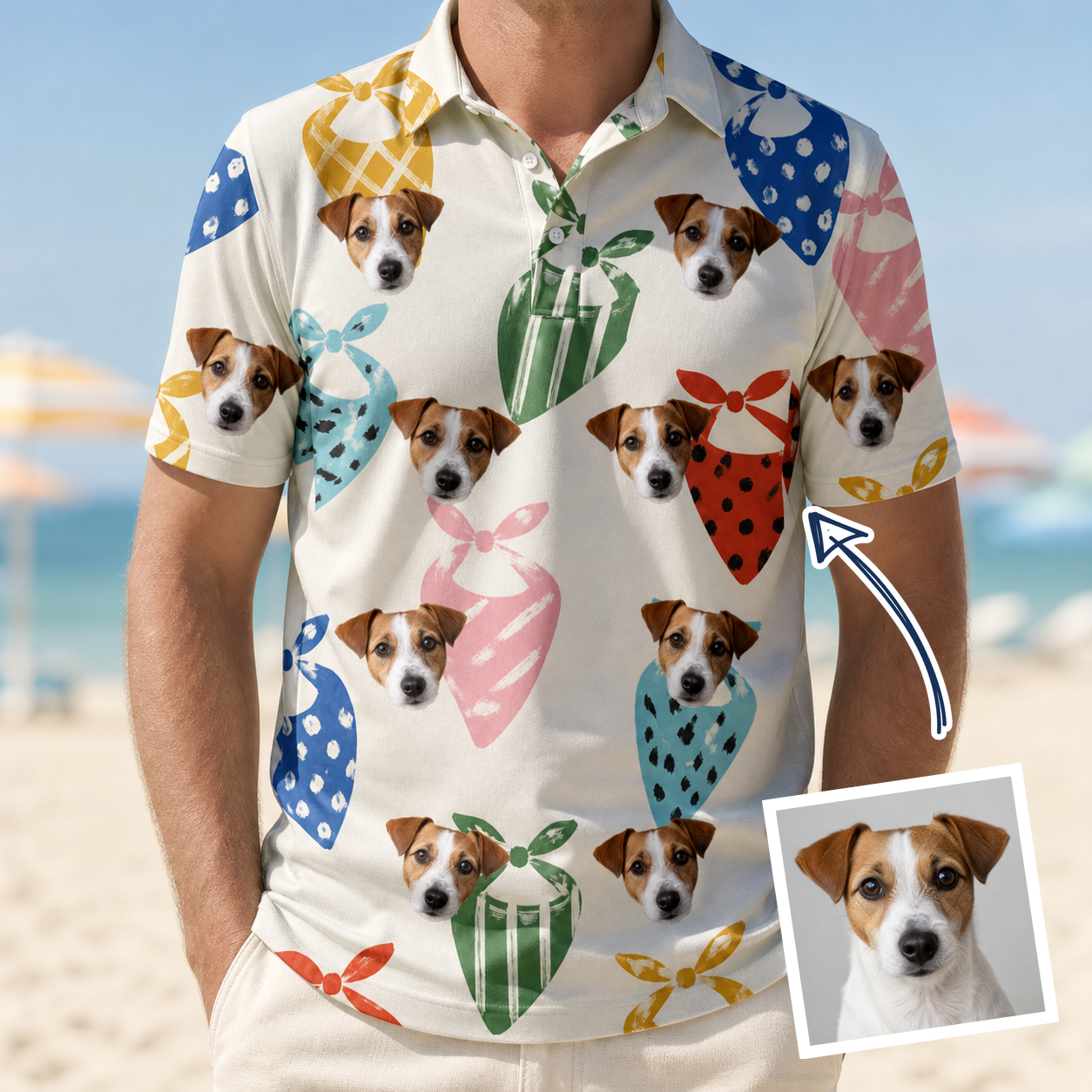 Man wearing Men's Bandana Banter Custom Dog Face Polo Shirt — custom faces printed all-over