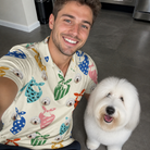 Selfie with the pet whose face is printed all over this Men's Bandana Banter Custom Dog Face Polo Shirt