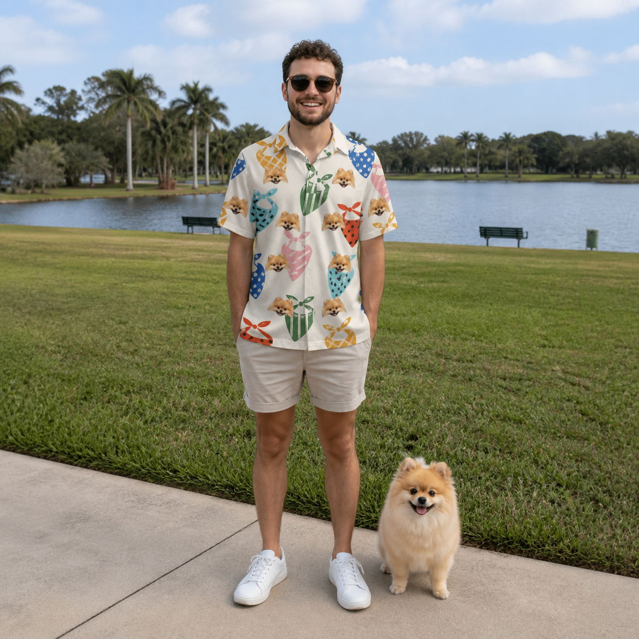 Full-length photo with the pet printed all over this Men's Bandana Banter Custom Dog Face Polo Shirt