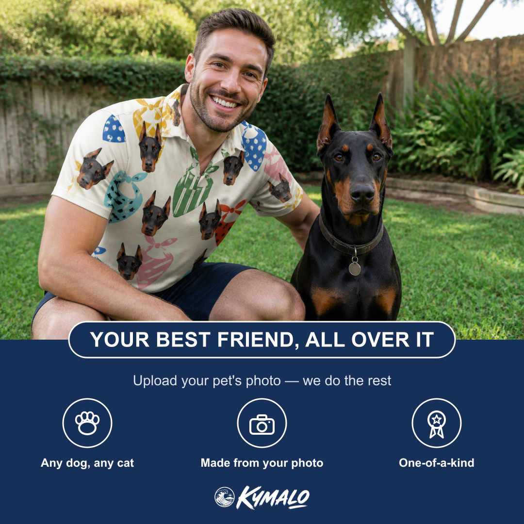 Friends in matching Men's Bandana Banter Custom Dog Face Polo Shirt — a group gift photo