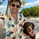 Selfie with the pet whose face is printed all over this Men's Bandana Banter Custom Dog Face Shirt & Shorts Set