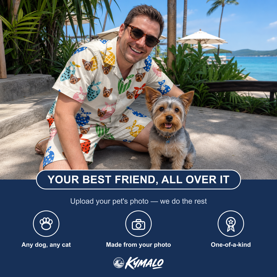 Friends in matching Men's Bandana Banter Custom Dog Face Shirt & Shorts Set — a group gift photo