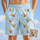 Man wearing Men's Rubber Rover Custom Dog Face Beach Shorts — custom faces printed all-over