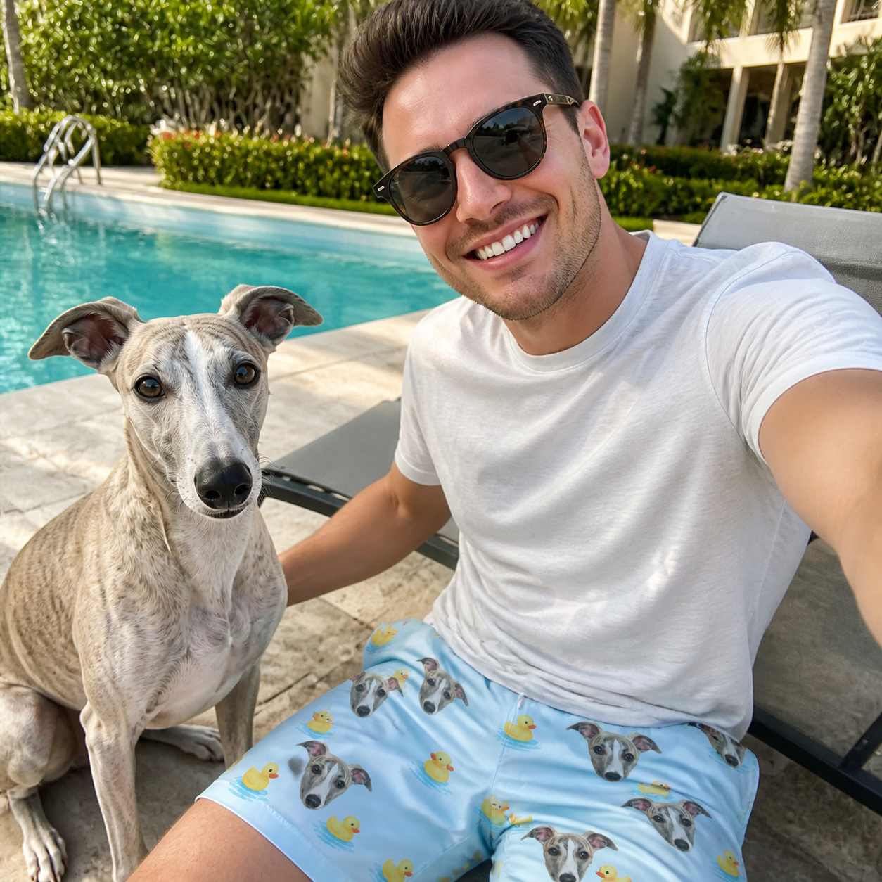 Selfie with the pet whose face is printed all over this Men's Rubber Rover Custom Dog Face Beach Shorts