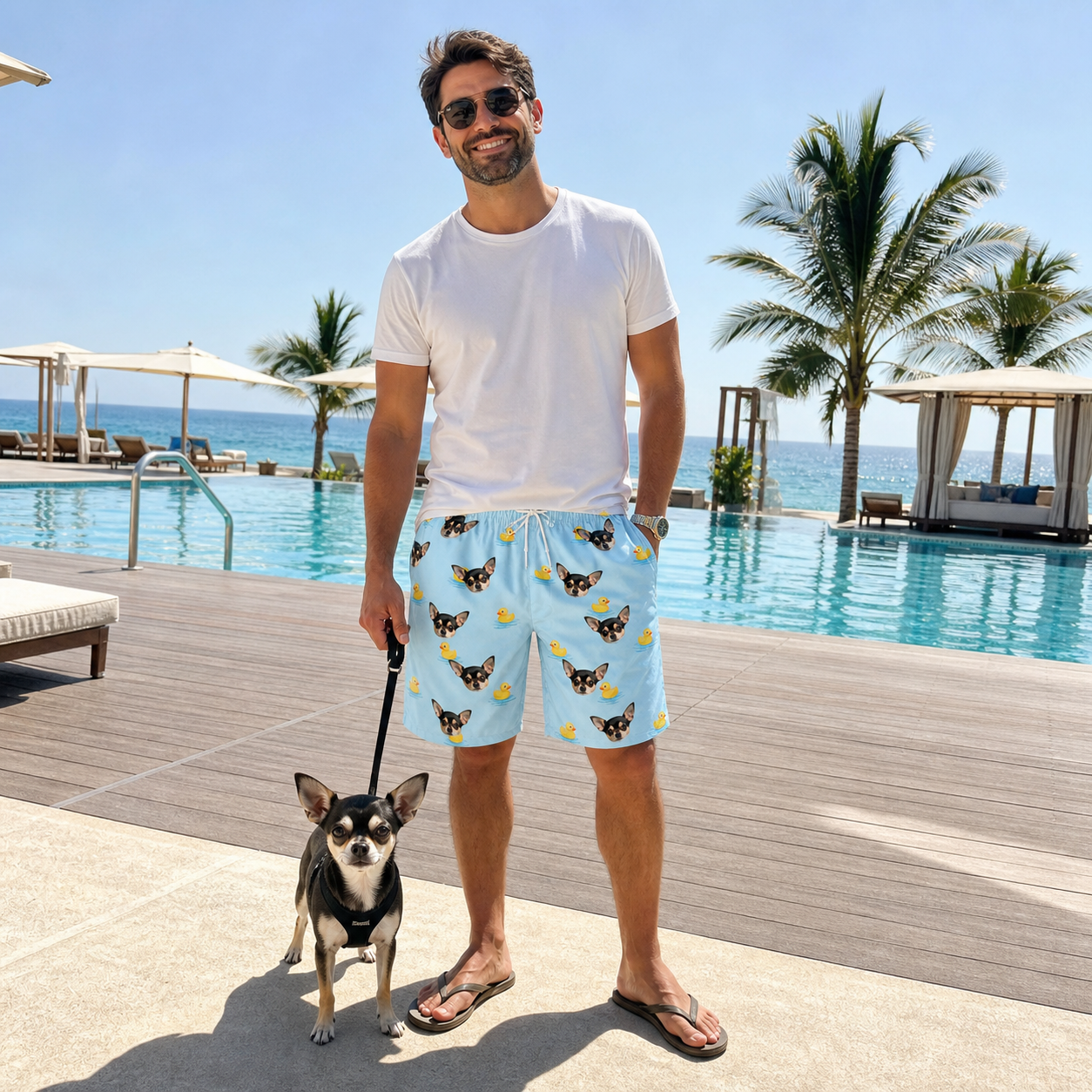 Full-length photo with the pet printed all over this Men's Rubber Rover Custom Dog Face Beach Shorts