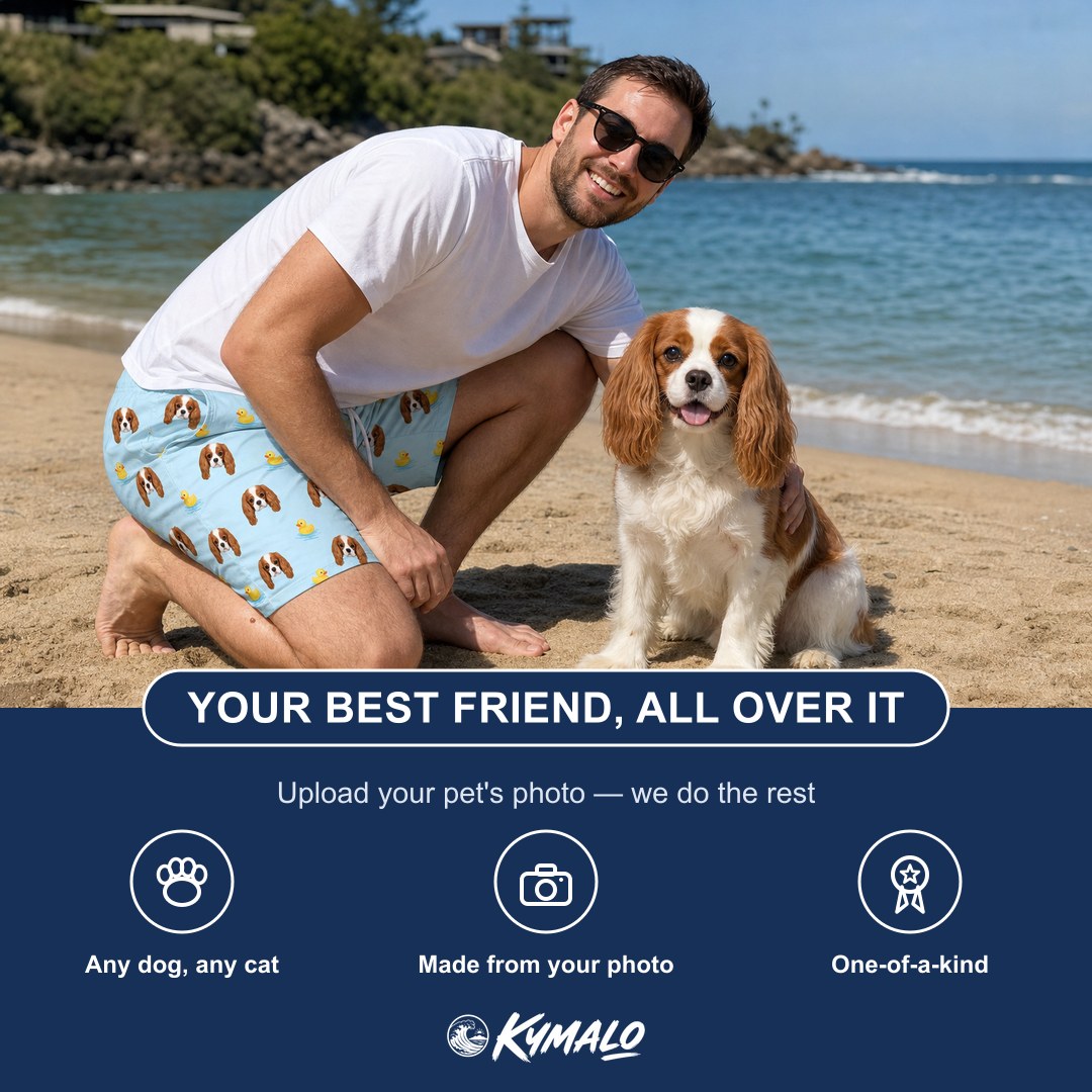 Friends in matching Men's Rubber Rover Custom Dog Face Beach Shorts — a group gift photo