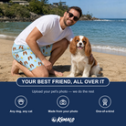 Friends in matching Men's Rubber Rover Custom Dog Face Beach Shorts — a group gift photo