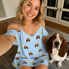 Selfie with the pet whose face is printed all over this Women's Rubber Rover Custom Dog Face Off-Shoulder Dress
