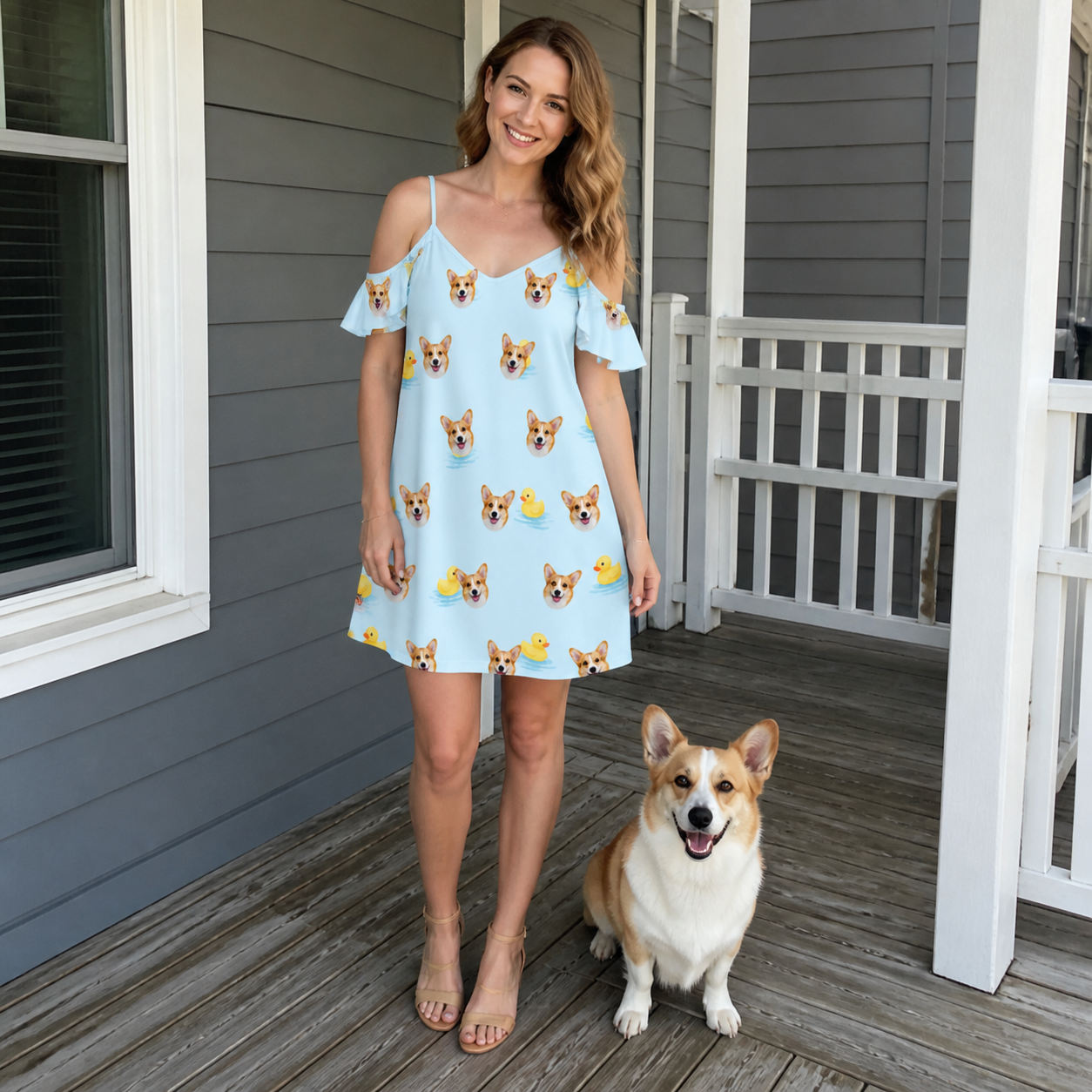 Full-length photo with the pet printed all over this Women's Rubber Rover Custom Dog Face Off-Shoulder Dress