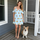 Full-length photo with the pet printed all over this Women's Rubber Rover Custom Dog Face Off-Shoulder Dress