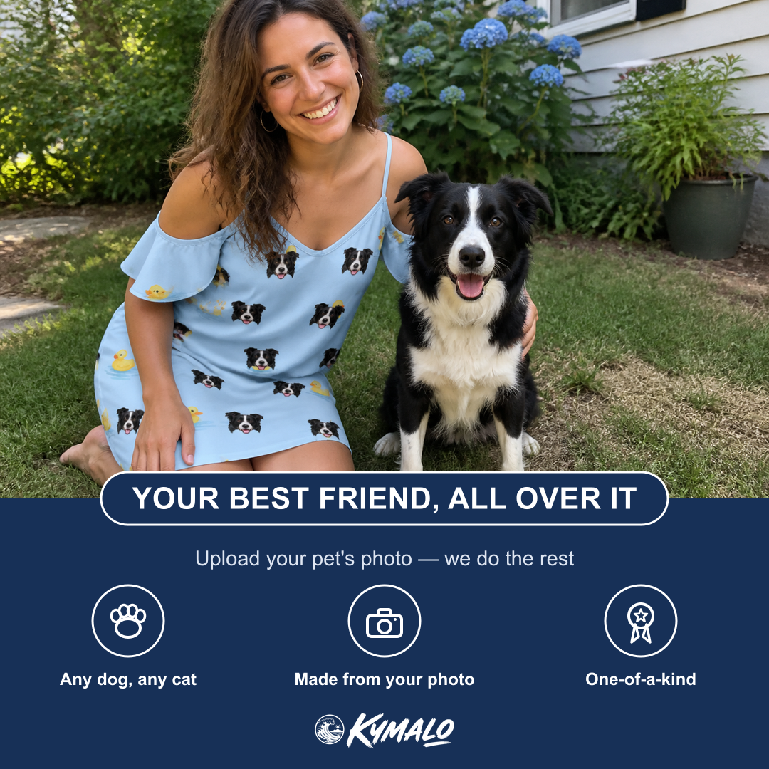 Friends in matching Women's Rubber Rover Custom Dog Face Off-Shoulder Dress — a group gift photo