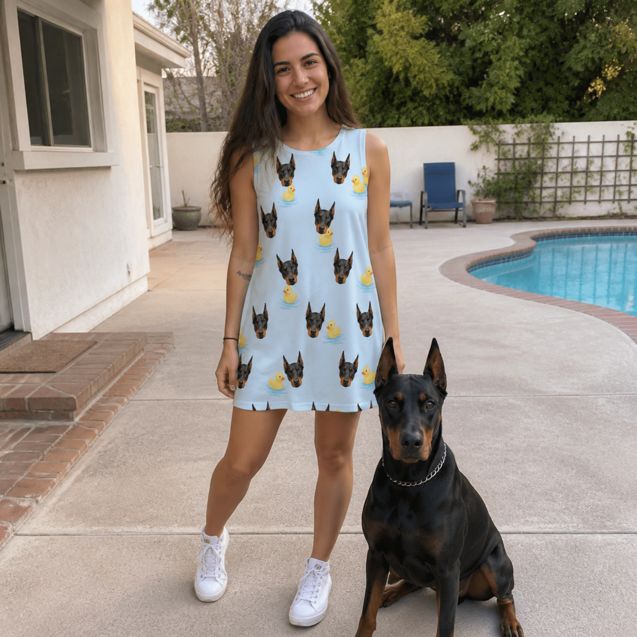 Full-length photo with the pet printed all over this Women's Rubber Rover Custom Dog Face Tank Dress