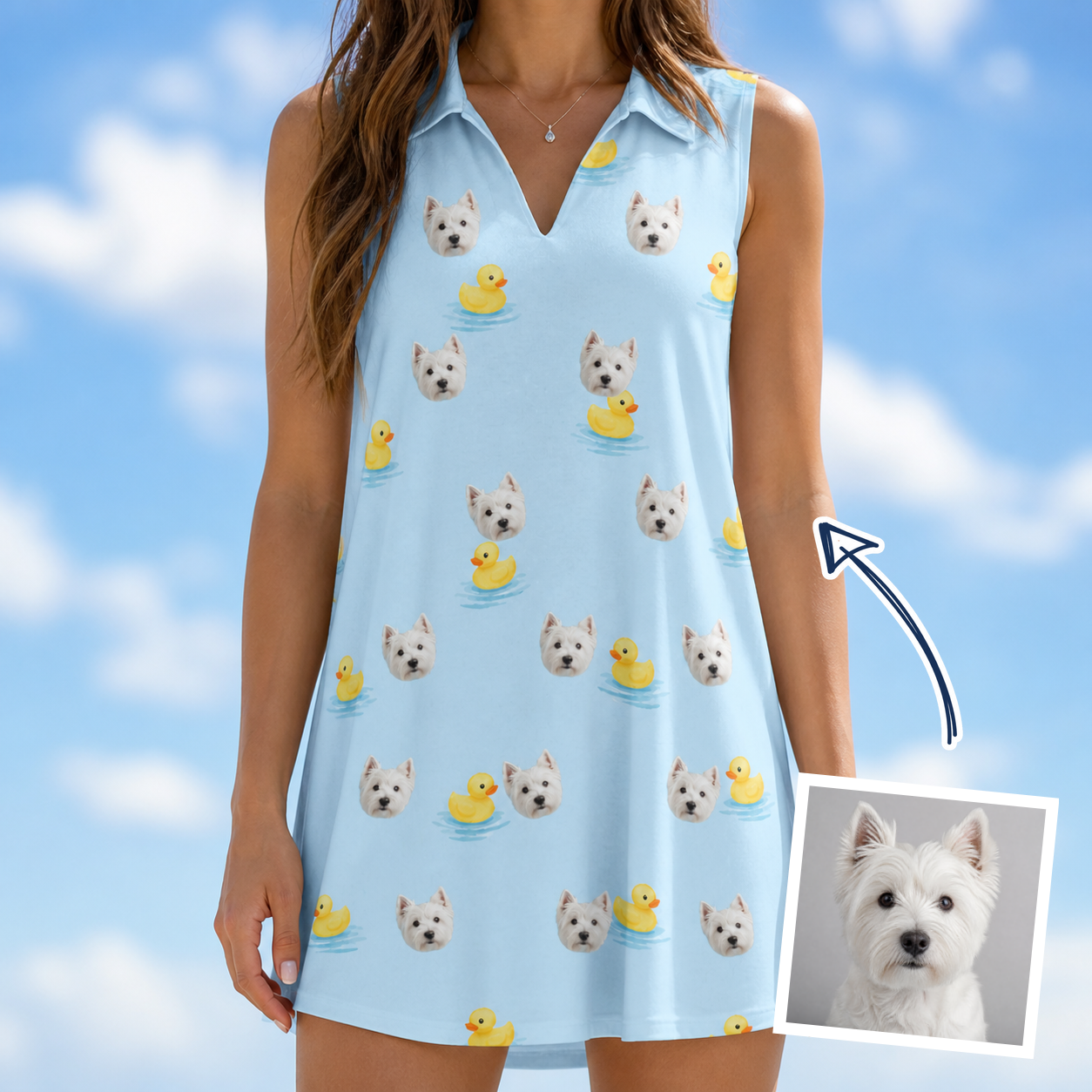 Woman wearing Women's Rubber Rover Custom Dog Face V-Neck Dress — custom faces printed all-over