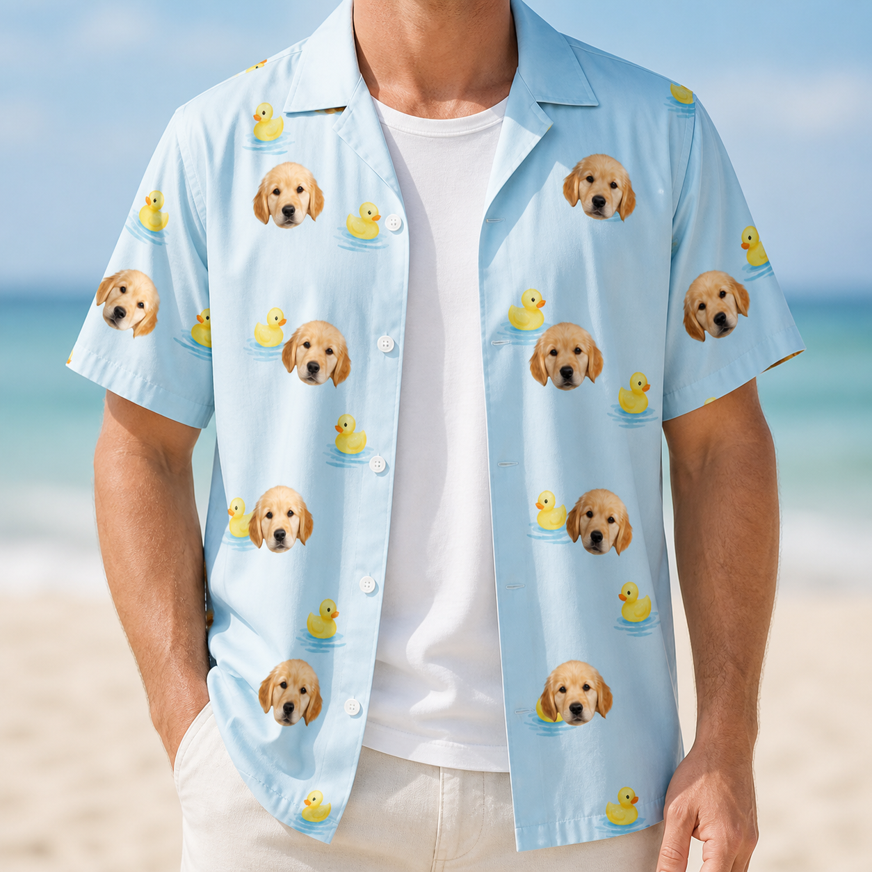 Man wearing Men's Rubber Rover Custom Dog Face Hawaiian Shirt open over a white tee