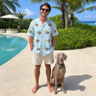 Full-length photo with the pet printed all over this Men's Rubber Rover Custom Dog Face Hawaiian Shirt