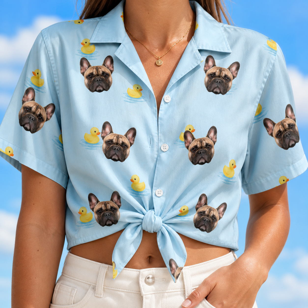 Woman wearing Women's Rubber Rover Custom Dog Face Hawaiian Shirt tied at the waist