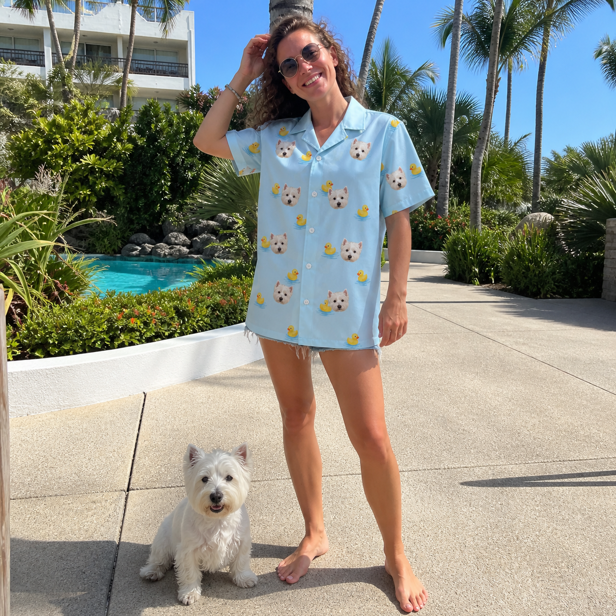 Full-length photo with the pet printed all over this Women's Rubber Rover Custom Dog Face Hawaiian Shirt