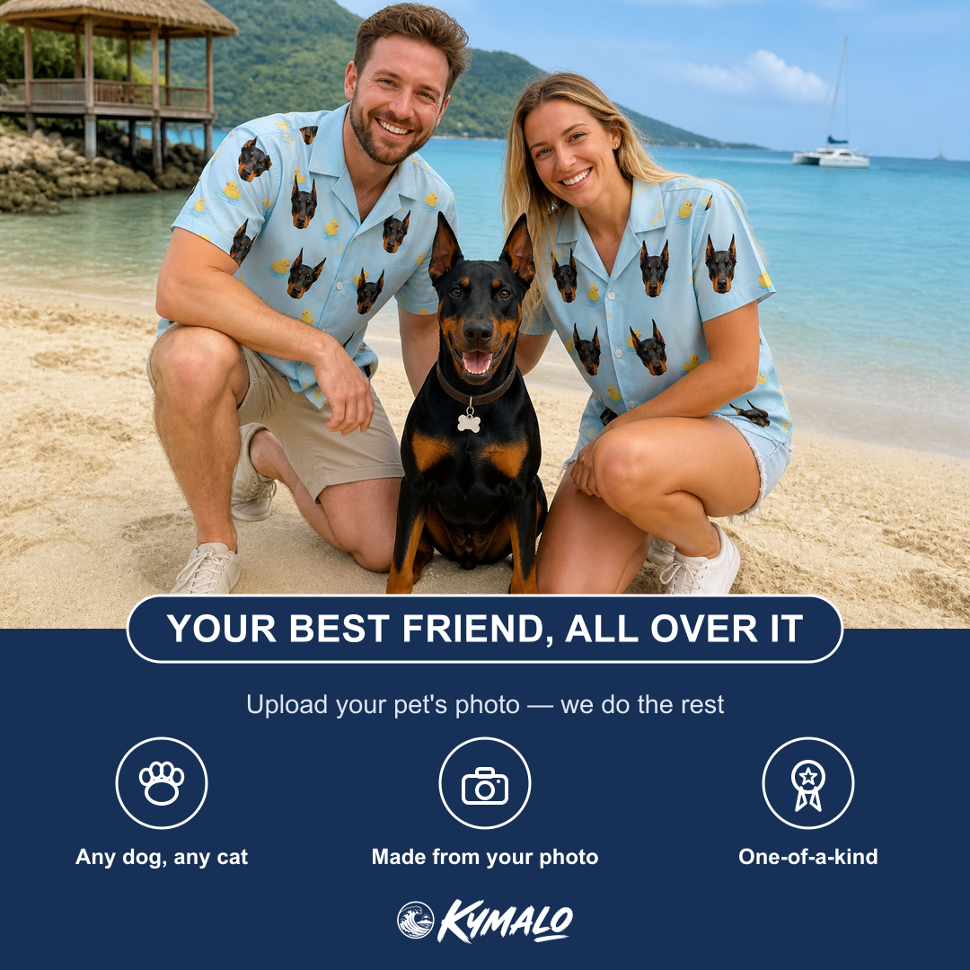 Friends in matching Women's Rubber Rover Custom Dog Face Hawaiian Shirt — a group gift photo
