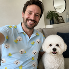Selfie with the pet whose face is printed all over this Men's Rubber Rover Custom Dog Face Polo Shirt