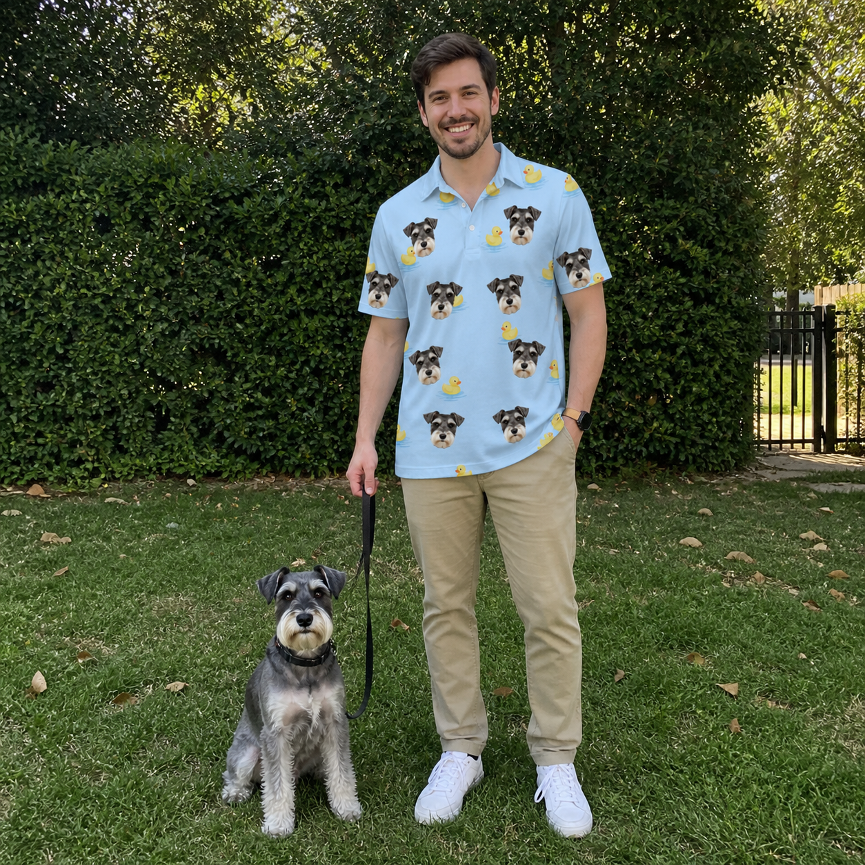Full-length photo with the pet printed all over this Men's Rubber Rover Custom Dog Face Polo Shirt