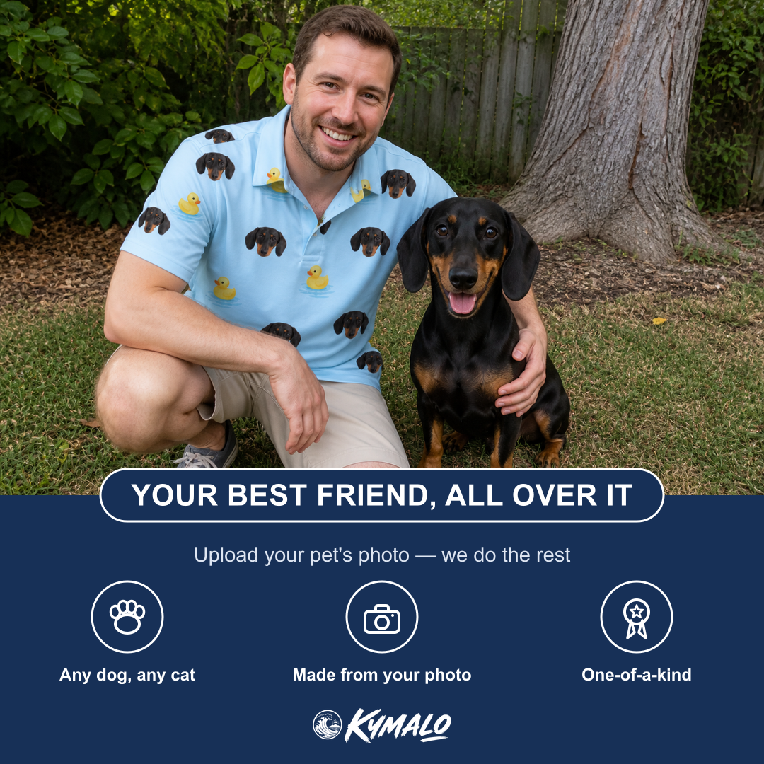 Friends in matching Men's Rubber Rover Custom Dog Face Polo Shirt — a group gift photo