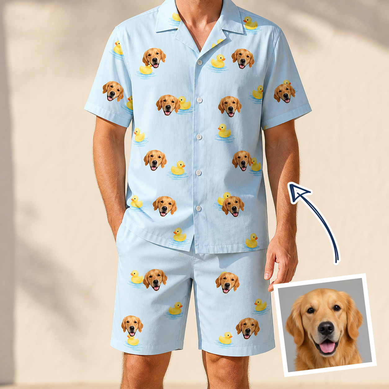 Man wearing Men's Rubber Rover Custom Dog Face Shirt & Shorts Set — custom faces printed all-over