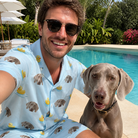 Selfie with the pet whose face is printed all over this Men's Rubber Rover Custom Dog Face Shirt & Shorts Set